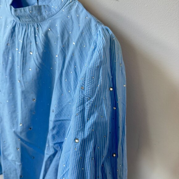 NWT Loft Blue White Striped Short Puff Sleeve Blouse Glitter Dots Cottagecore - Picture 5 of 15